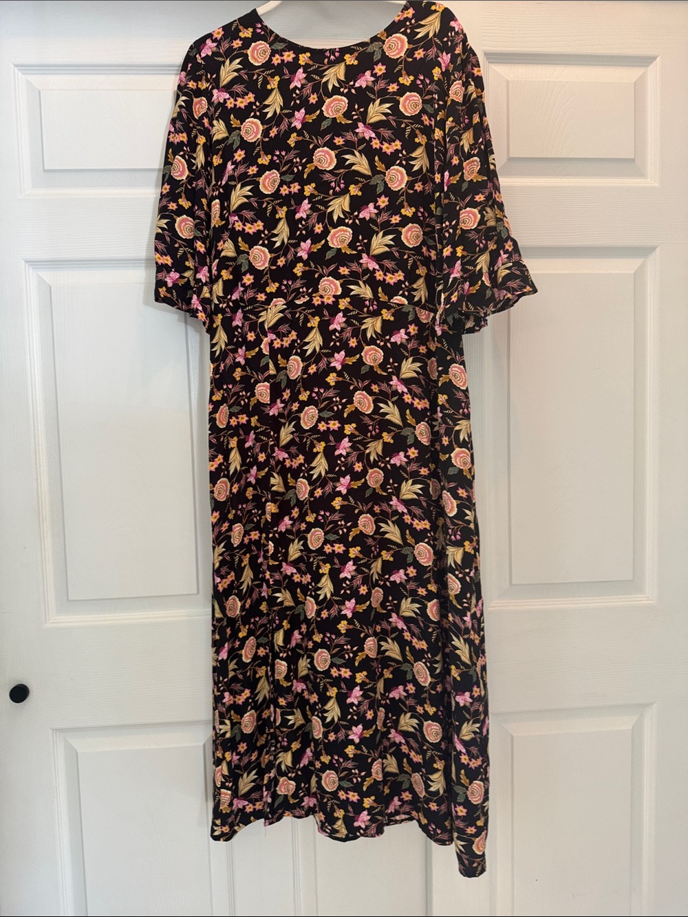 LOFT Black Maxi Dress with Pink and Peach Floral Print
